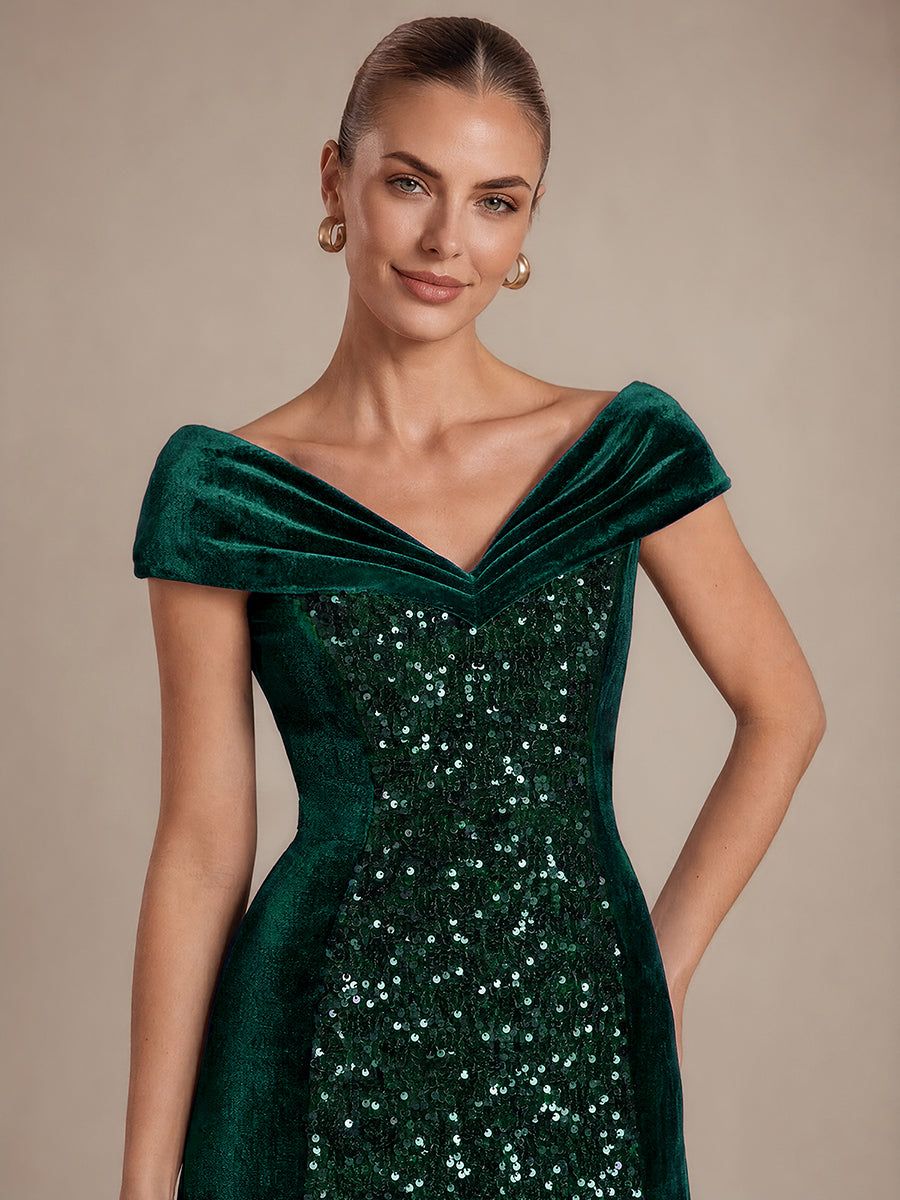 Robe A-Line à Manches Courtes en Sequins avec Décolleté en V Longueur Maxi #Couleur_Vert Fonce