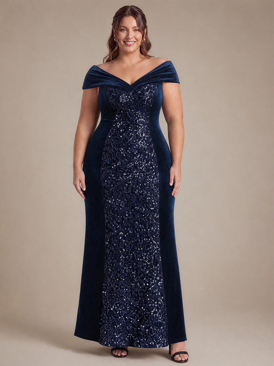 Robe A-Line à Manches Courtes en Sequins avec Décolleté en V Longueur Maxi #Couleur_Bleu Marine