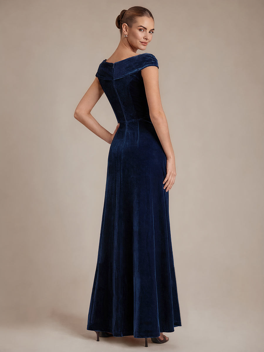 Robe A-Line à Manches Courtes en Sequins avec Décolleté en V Longueur Maxi #Couleur_Bleu Marine