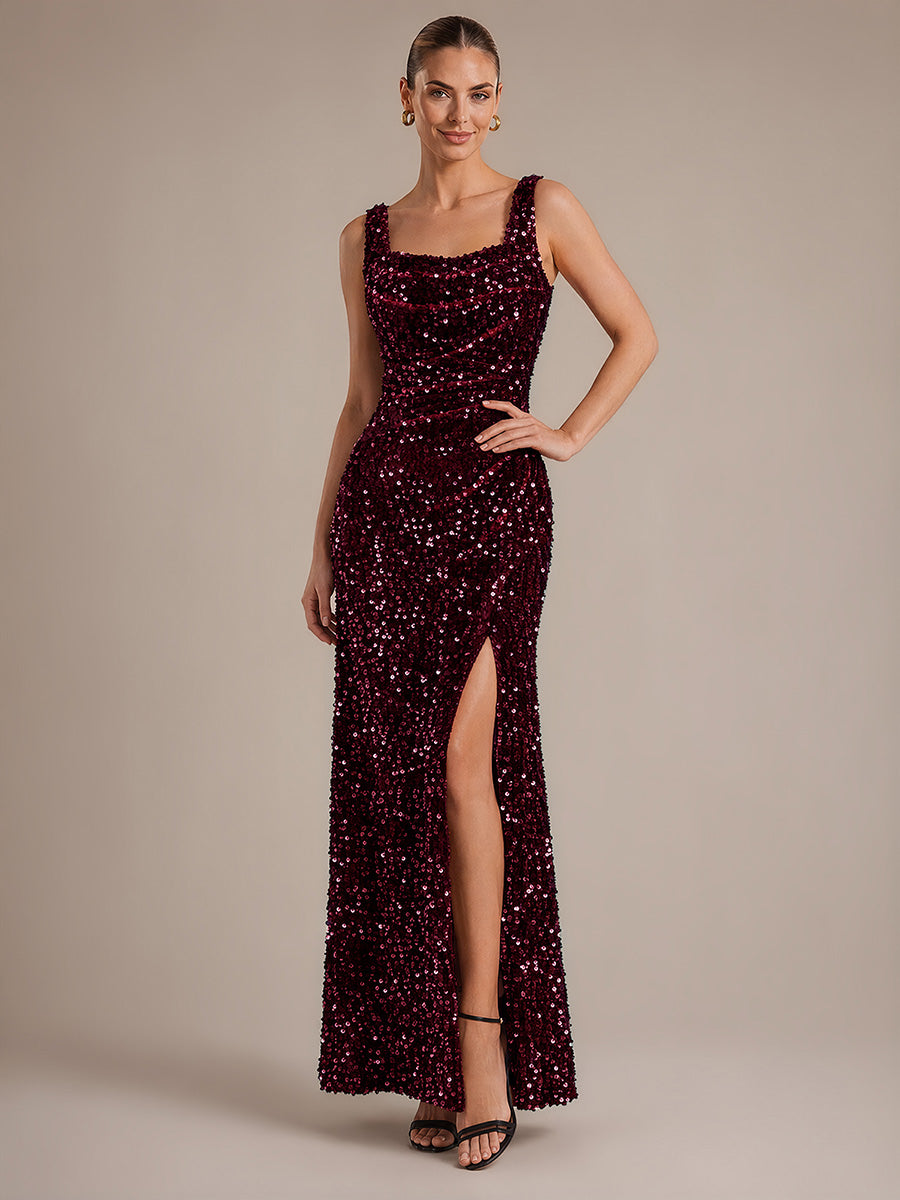 Robe maxi sans manches drapée en sequins avec décolleté carré et ourlet asymétrique #Couleur_Bordeaux
