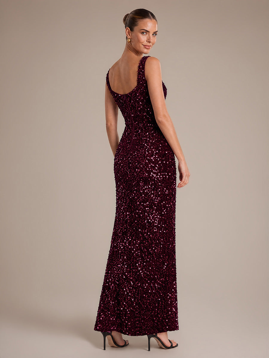 Robe maxi sans manches drapée en sequins avec décolleté carré et ourlet asymétrique #Couleur_Bordeaux