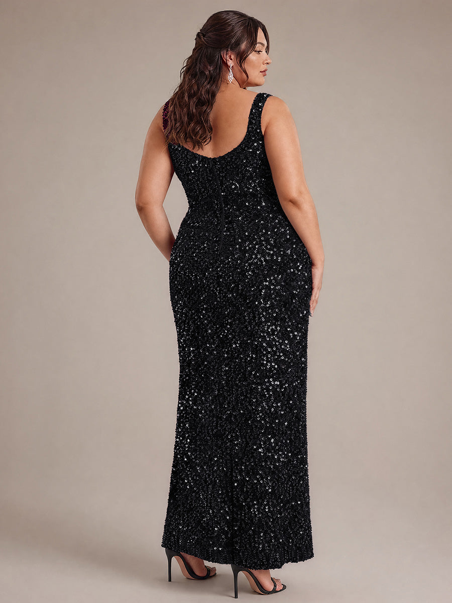 Robe maxi sans manches drapée en sequins avec décolleté carré et ourlet asymétrique #Couleur_Noir