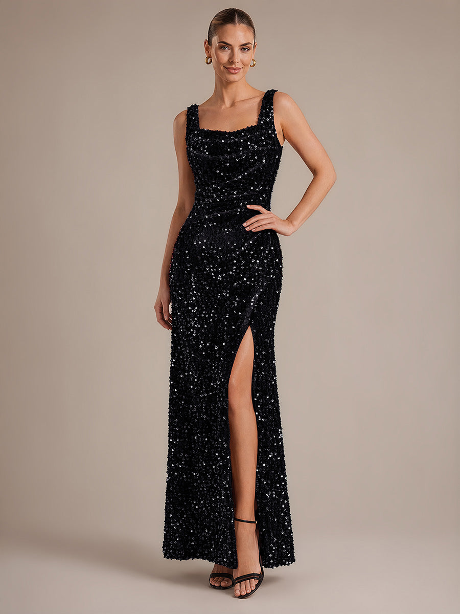 Robe maxi sans manches drapée en sequins avec décolleté carré et ourlet asymétrique #Couleur_Noir