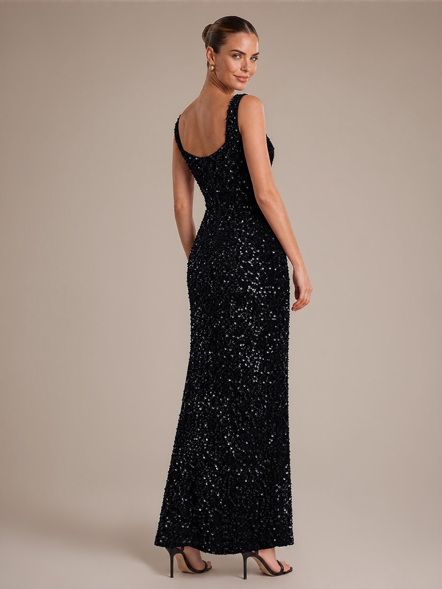 Robe maxi sans manches drapée en sequins avec décolleté carré et ourlet asymétrique #Couleur_Noir