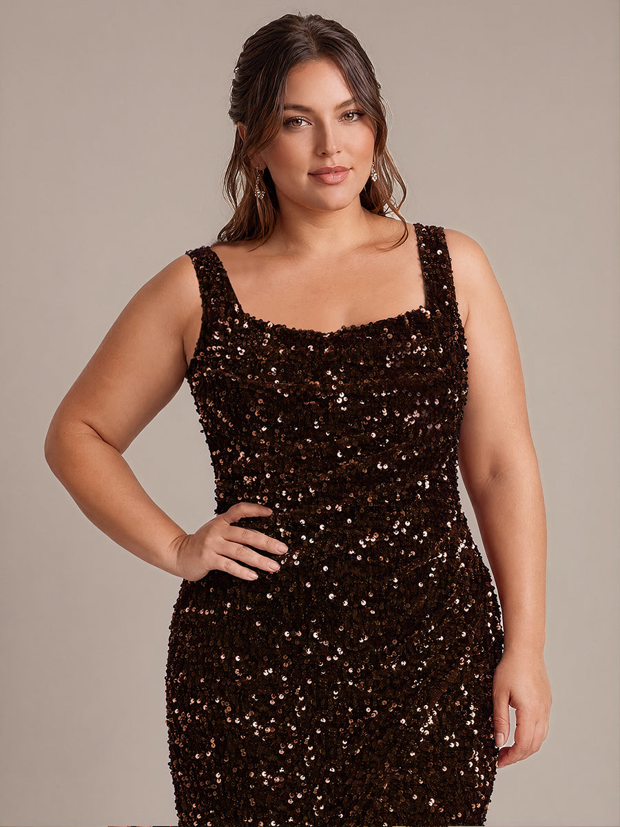 Robe maxi sans manches drapée en sequins avec décolleté carré et ourlet asymétrique #Couleur_Marron chocolat