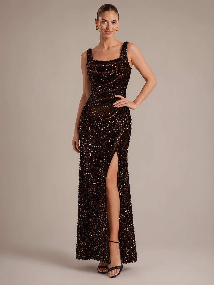 Robe maxi sans manches drapée en sequins avec décolleté carré et ourlet asymétrique #Couleur_Marron chocolat