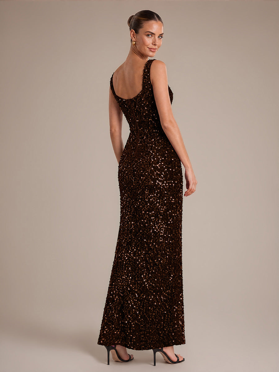 Robe maxi sans manches drapée en sequins avec décolleté carré et ourlet asymétrique #Couleur_Marron chocolat