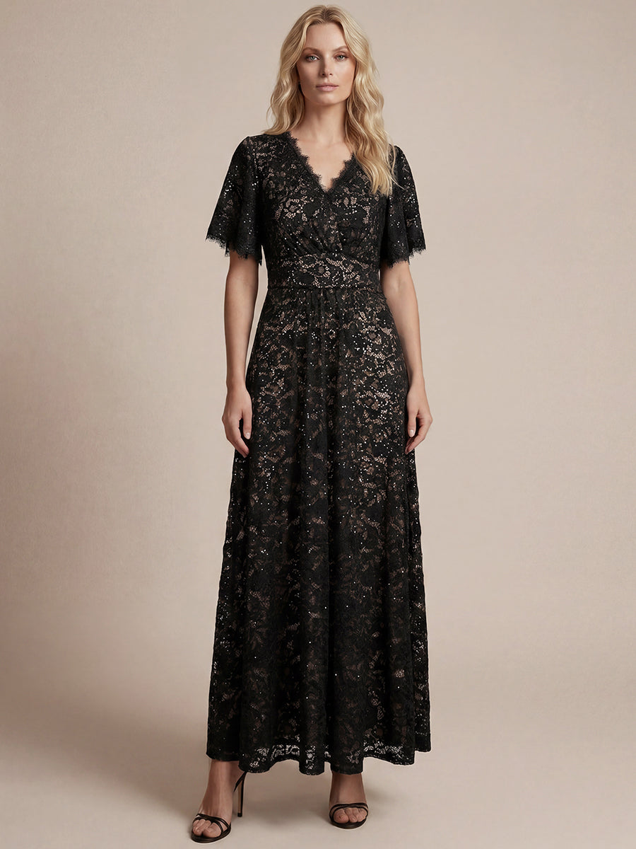 Robe longue à volants en sequins à manches courtes A ligne #Couleur_Noir