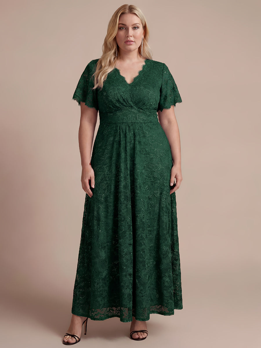 Robe longue à volants en sequins à manches courtes A ligne #Couleur_Vert Fonce