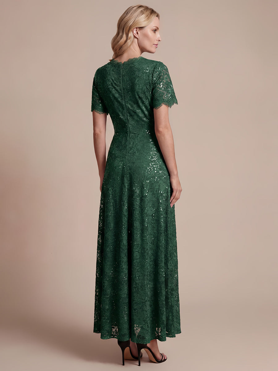 Robe longue à volants en sequins à manches courtes A ligne #Couleur_Vert Fonce