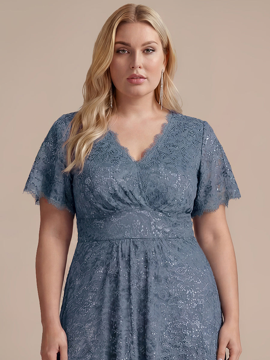 Robe longue à volants en sequins à manches courtes A ligne #Couleur_Marine Fume