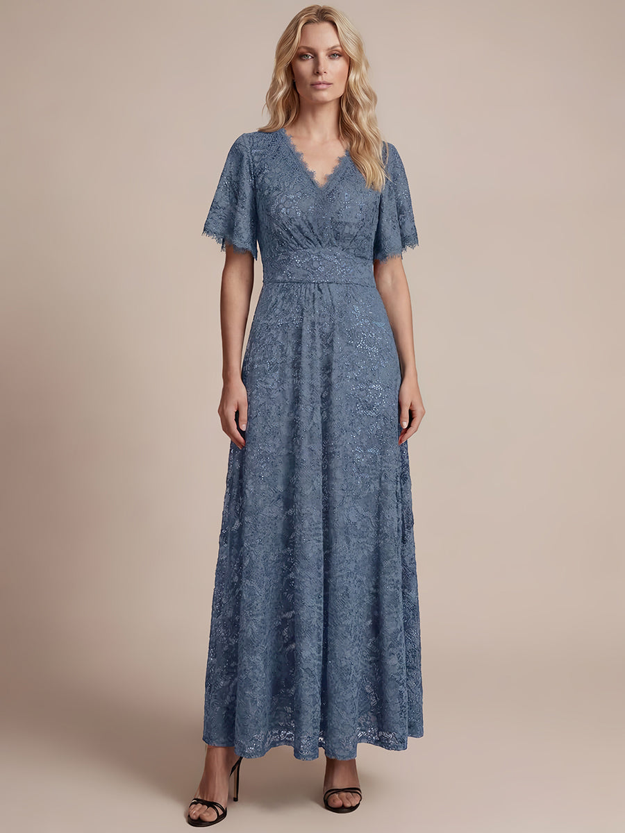 Robe longue à volants en sequins à manches courtes A ligne #Couleur_Marine Fume
