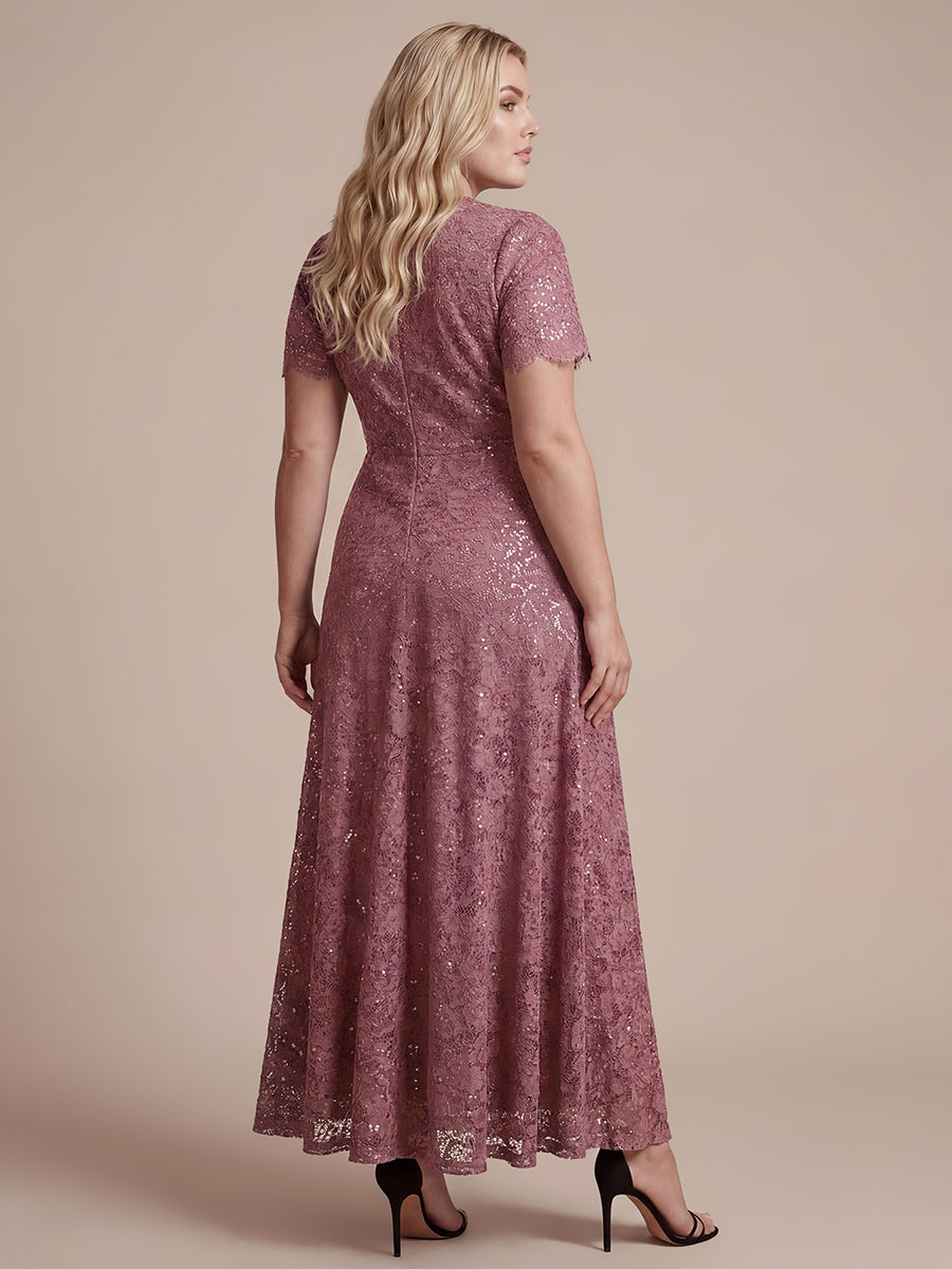 Robe longue à volants en sequins à manches courtes A ligne #Couleur_Orchidee
