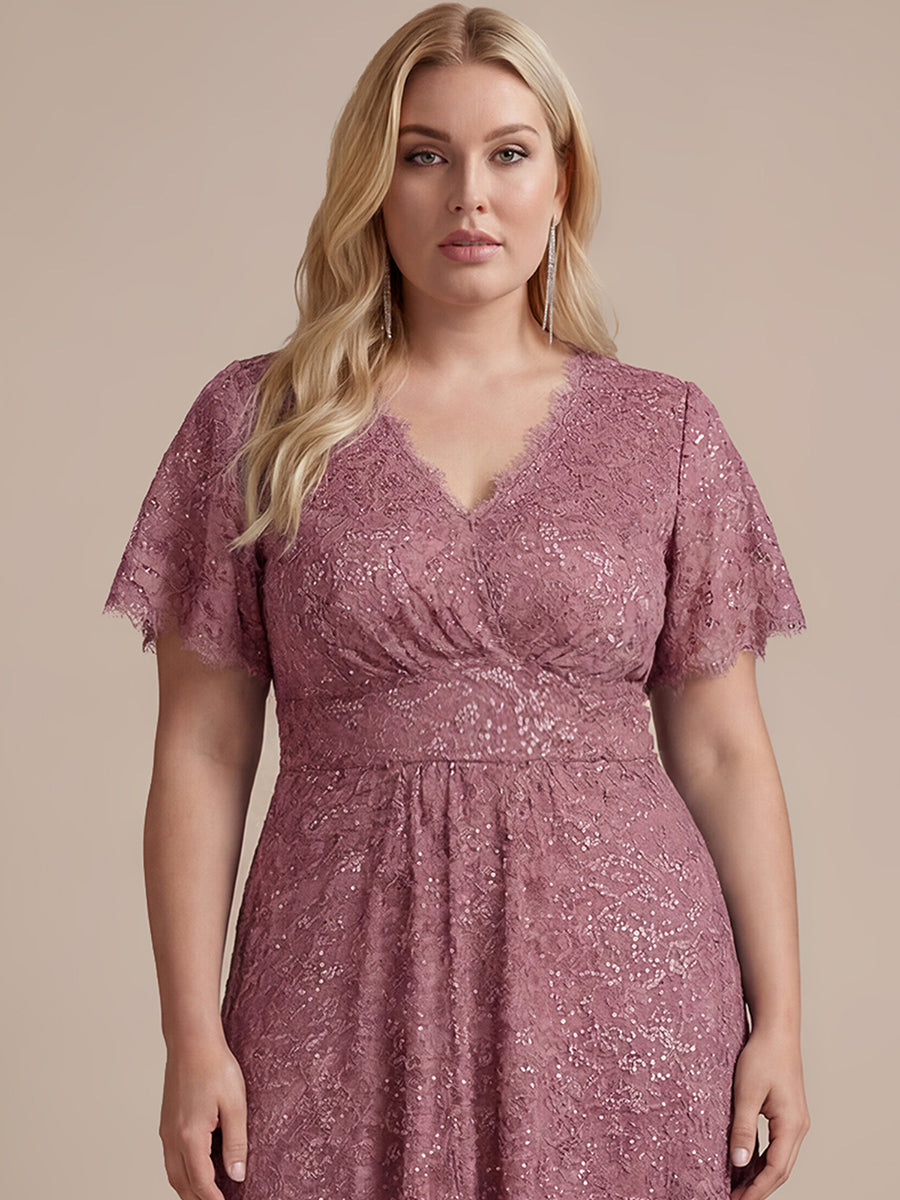 Robe longue à volants en sequins à manches courtes A ligne #Couleur_Orchidee