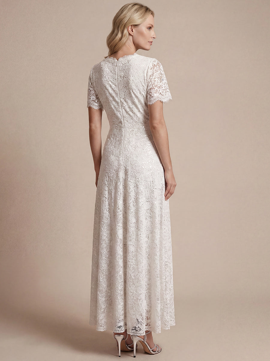 Robe longue à volants en sequins à manches courtes A ligne #Couleur_Blanc