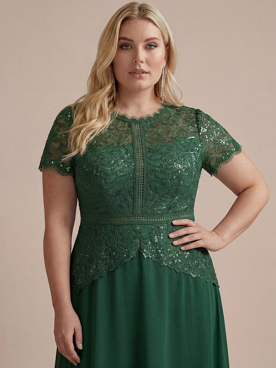 robe longue à encolure ronde à manches courtes en sequins coupe évasée #Couleur_Vert Fonce
