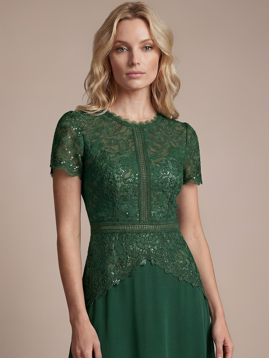 robe longue à encolure ronde à manches courtes en sequins coupe évasée #Couleur_Vert Fonce