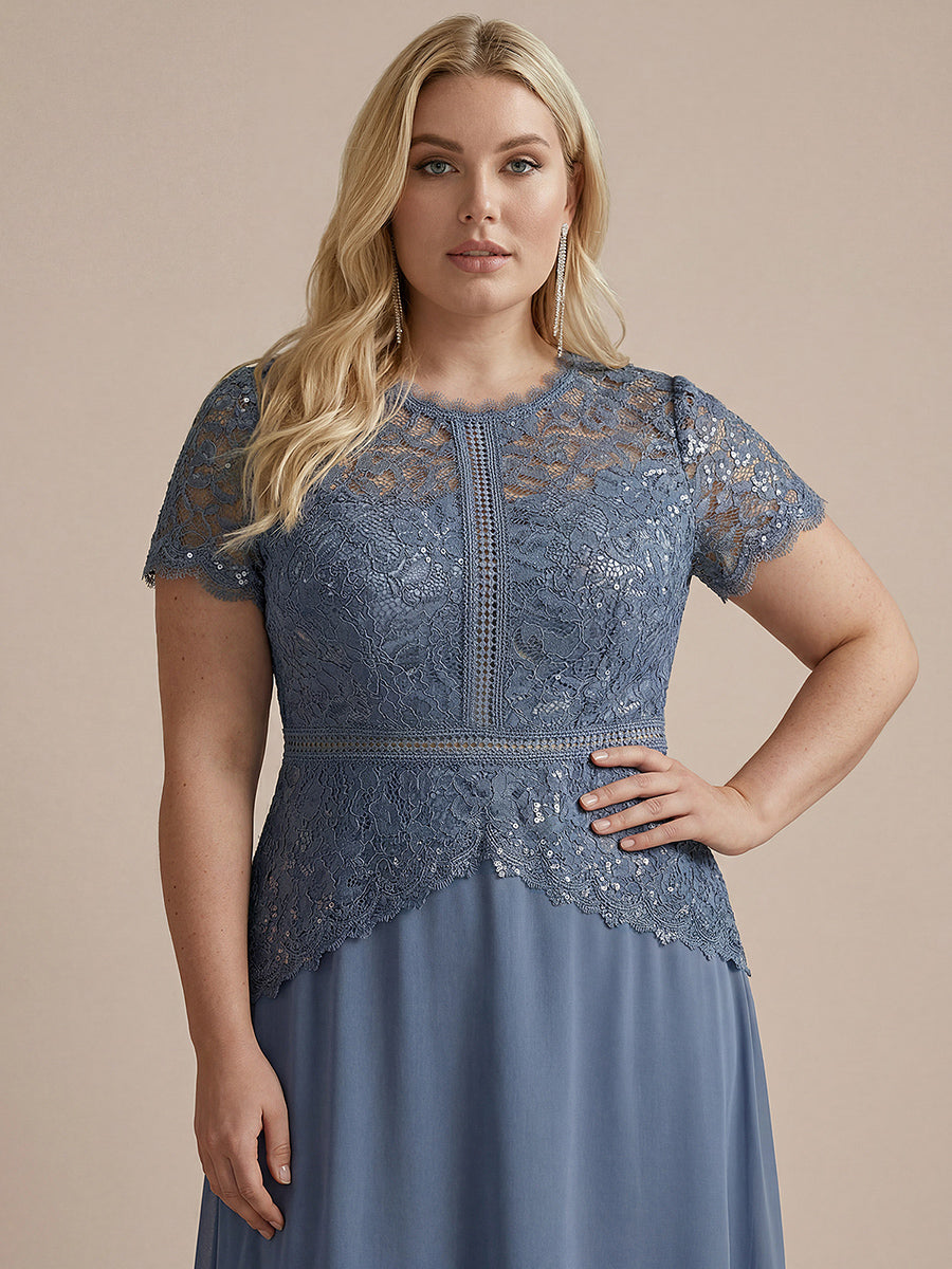 robe longue à encolure ronde à manches courtes en sequins coupe évasée #Couleur_Marine Fume