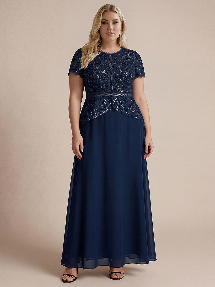 robe longue à encolure ronde à manches courtes en sequins coupe évasée #Couleur_Bleu Marine