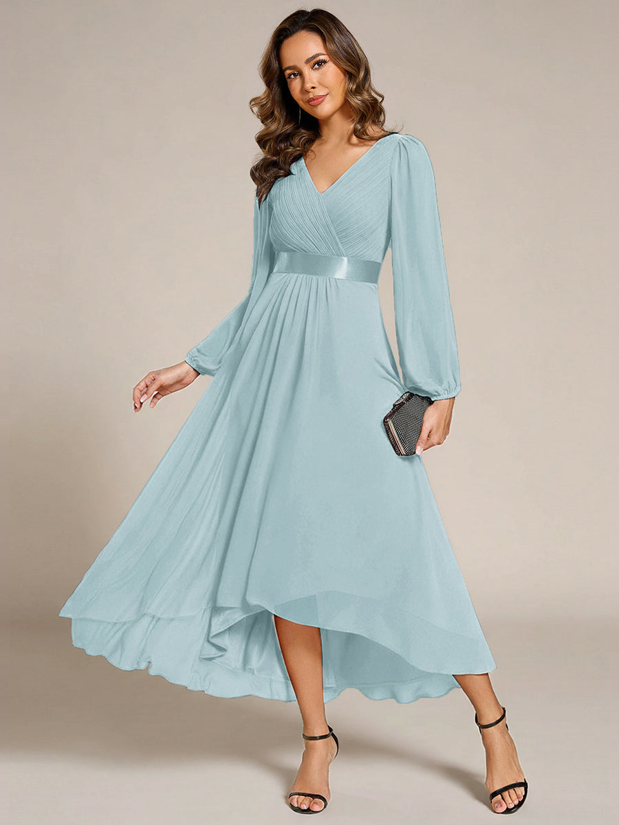 Robe midi pour invités de mariage en mousseline à manches longues #Couleur_Bleu Ciel