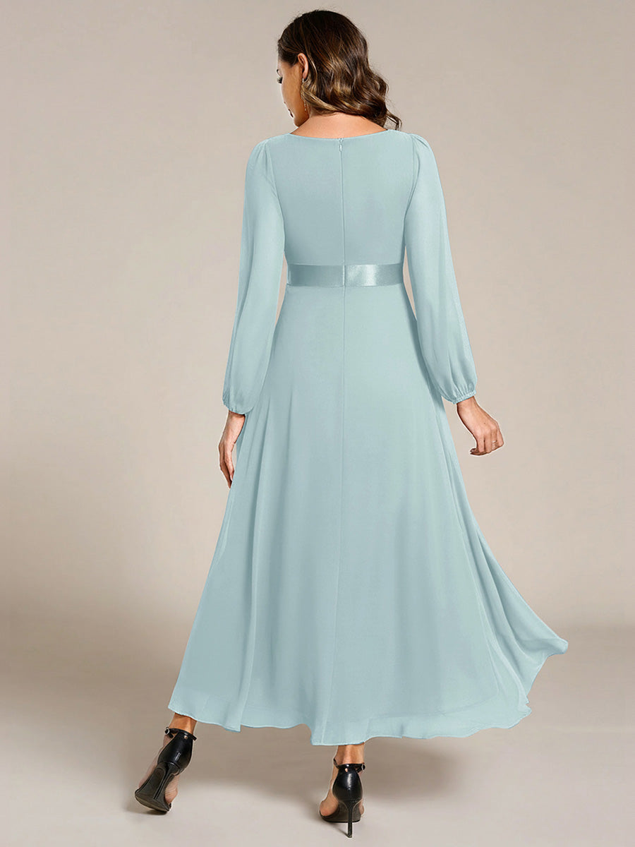 Robe midi pour invités de mariage en mousseline à manches longues #Couleur_Bleu Ciel