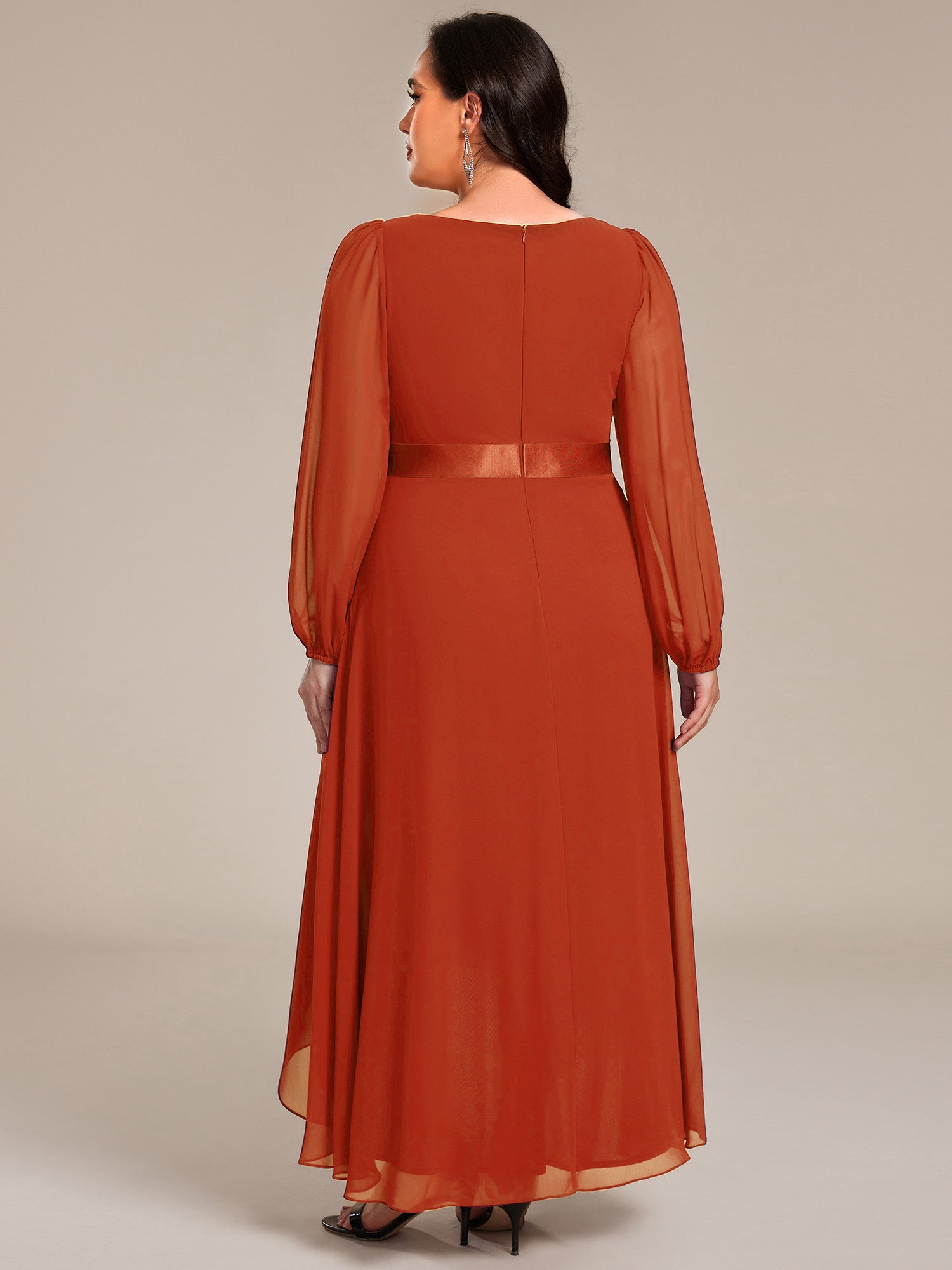 Robe midi pour invités de mariage en mousseline à manches longues #Couleur_Burnt Orange