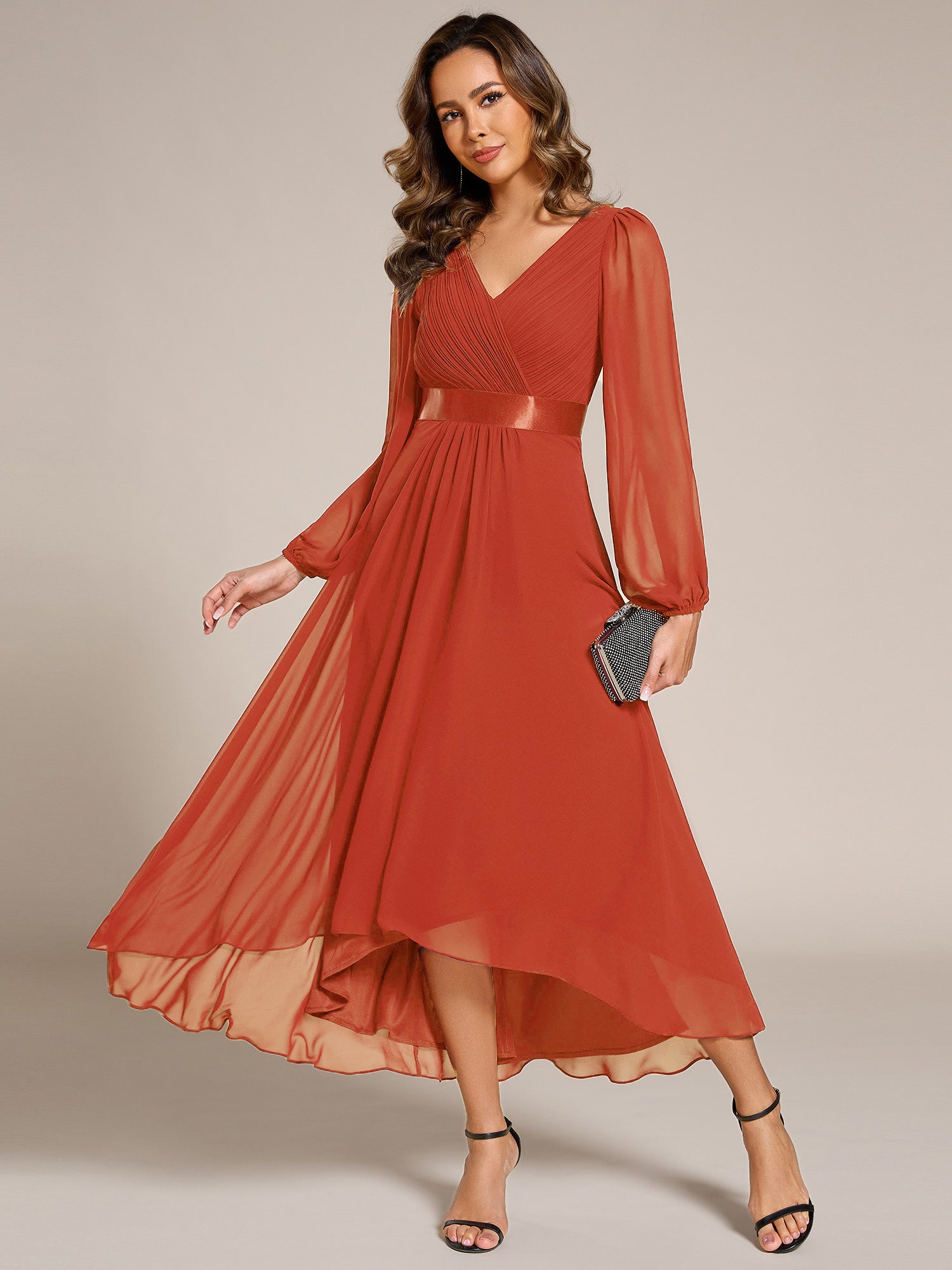 Robe midi pour invités de mariage en mousseline à manches longues #Couleur_Burnt Orange