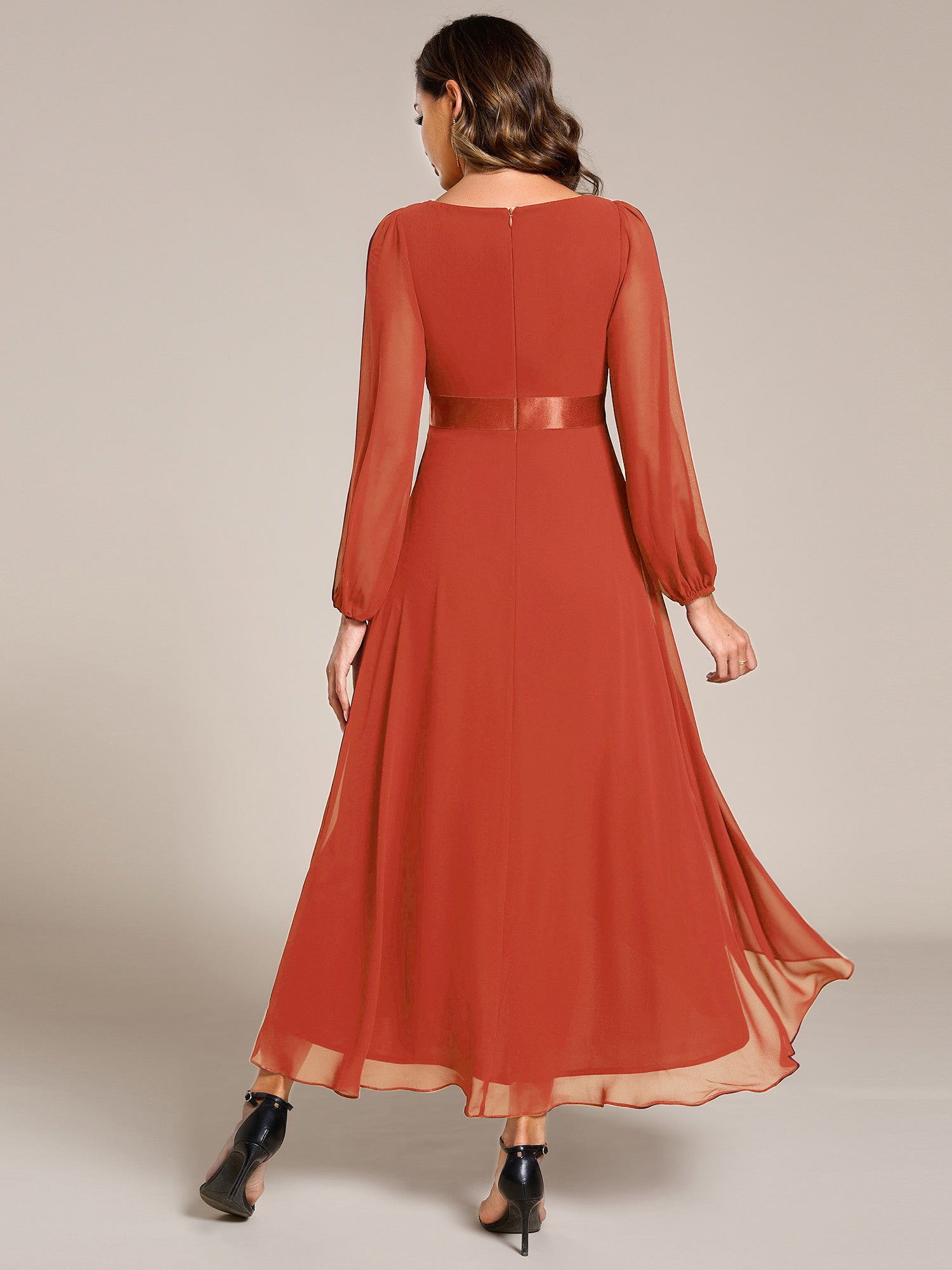 Robe midi pour invités de mariage en mousseline à manches longues #Couleur_Burnt Orange