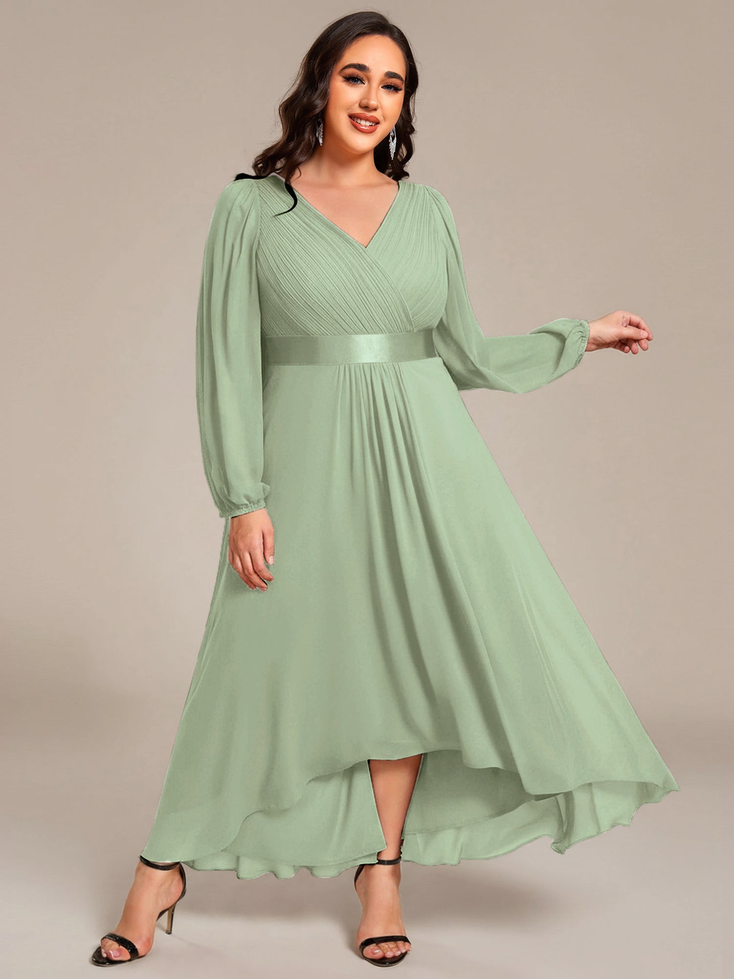 Robe midi pour invités de mariage en mousseline à manches longues #Couleur_Menthe Verte