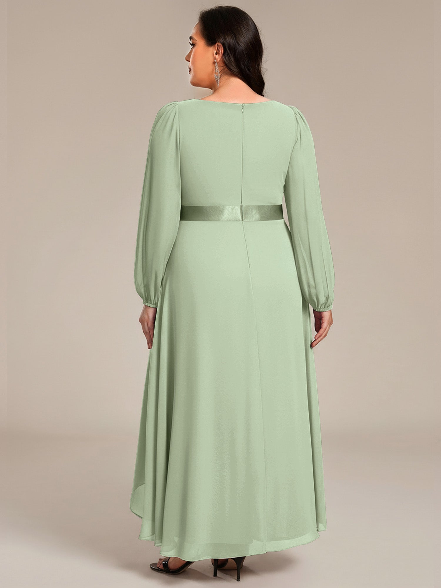 Robe midi pour invités de mariage en mousseline à manches longues #Couleur_Menthe Verte