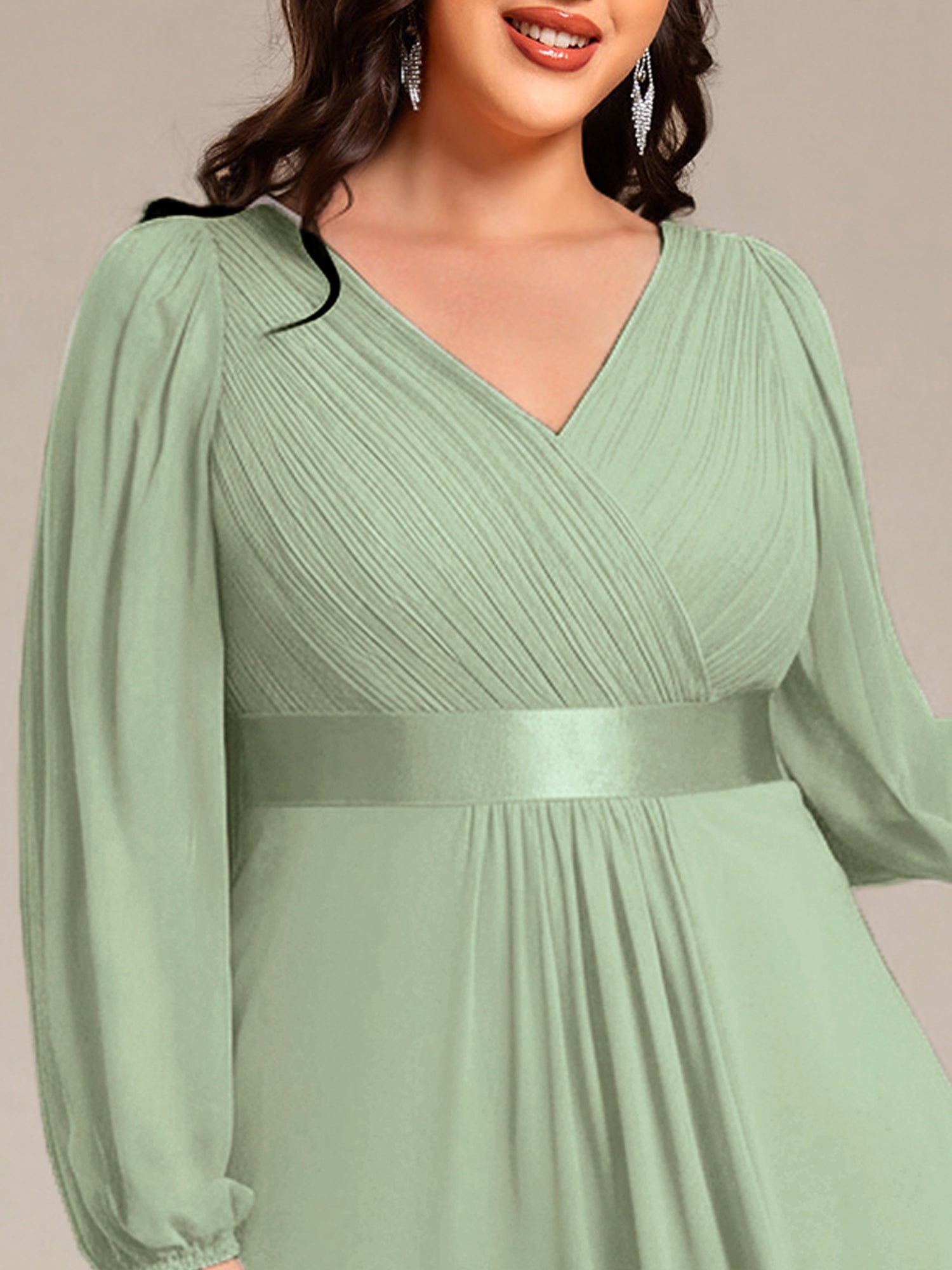 Robe midi pour invités de mariage en mousseline à manches longues #Couleur_Menthe Verte
