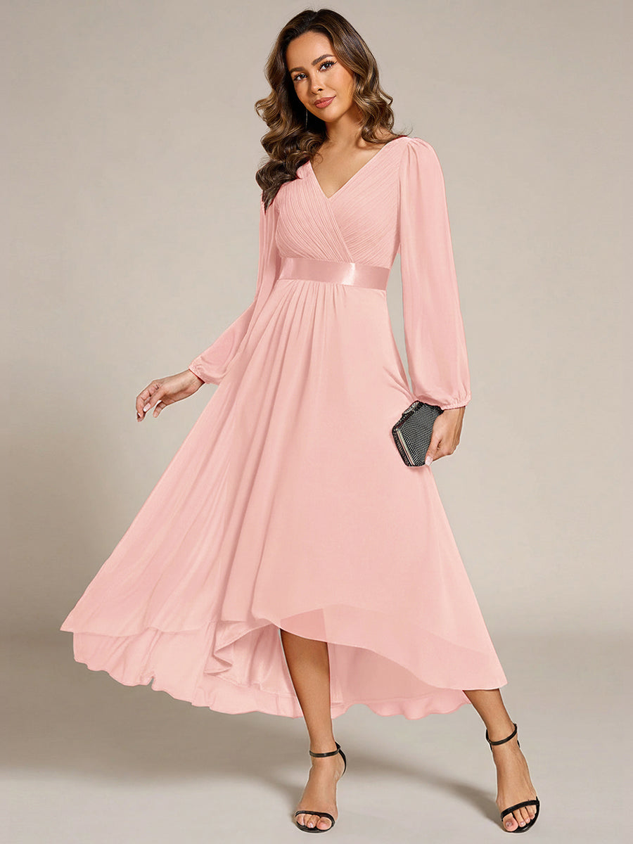 Robe midi pour invités de mariage en mousseline à manches longues #Couleur_Rose