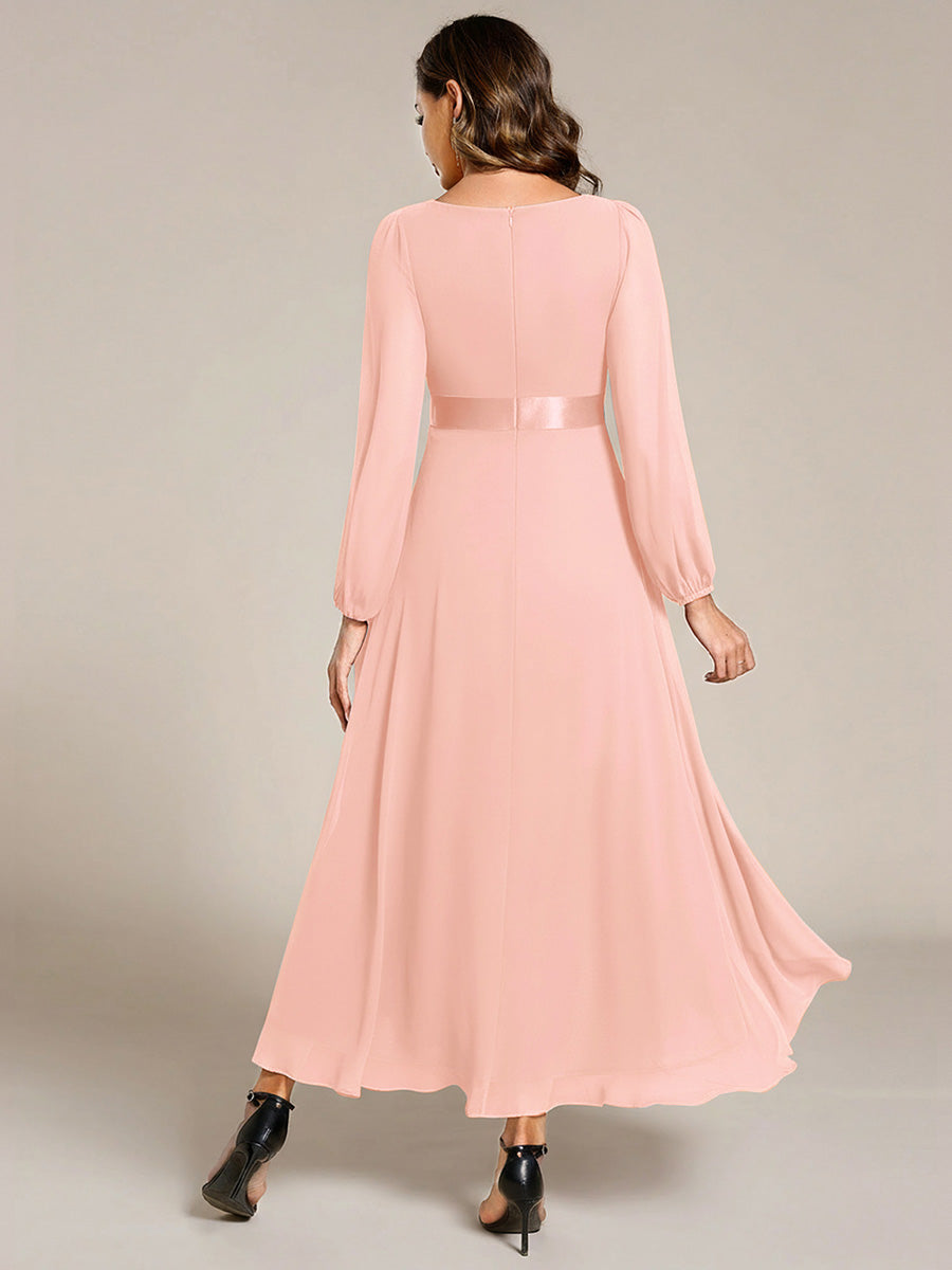 Robe midi pour invités de mariage en mousseline à manches longues #Couleur_Rose