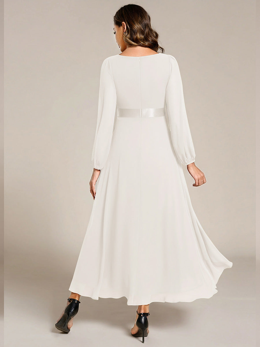 Robe midi pour invités de mariage en mousseline à manches longues #Couleur_Blanc