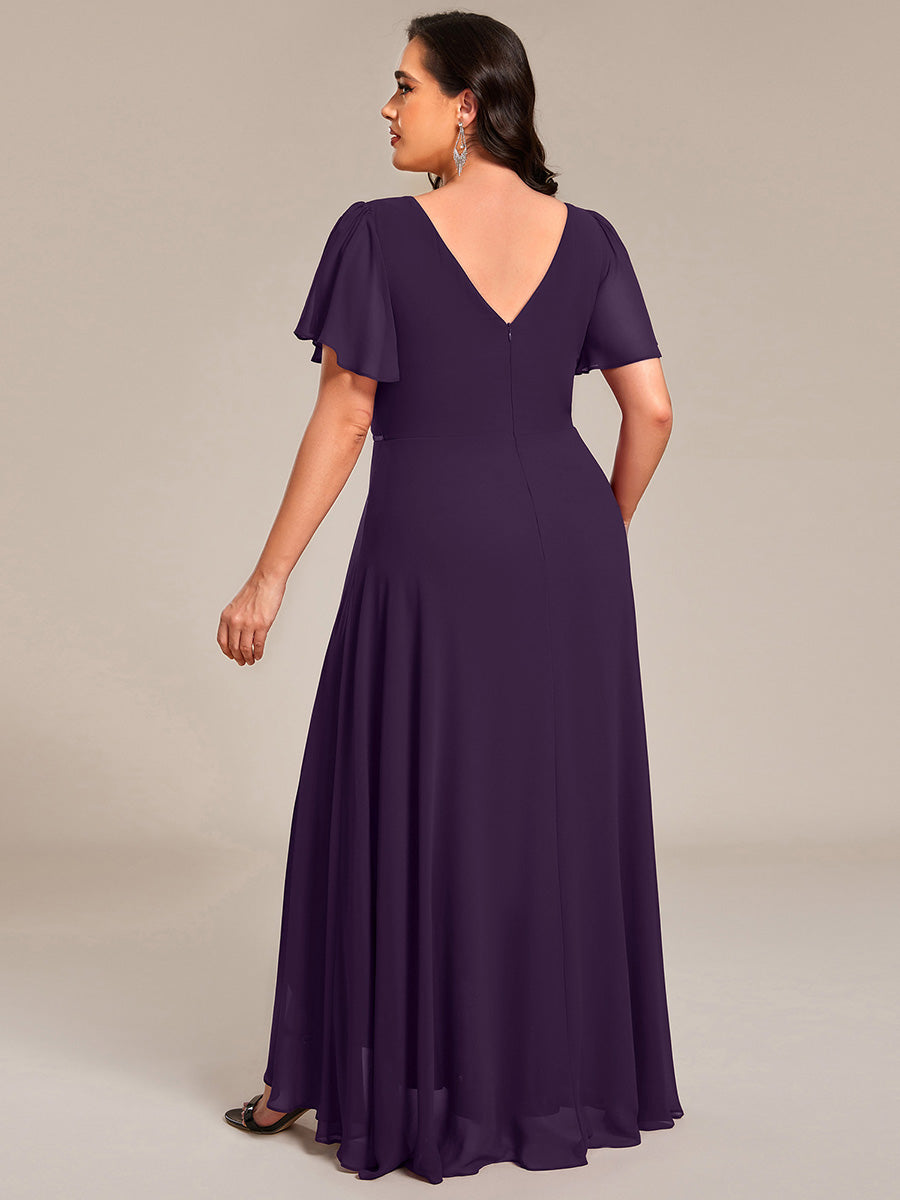 Robe D'invité De Mariage En Mousseline De Soie Mi-Longue Plissée à Manches à Volants Et Col En V #Couleur_Violet Fonce