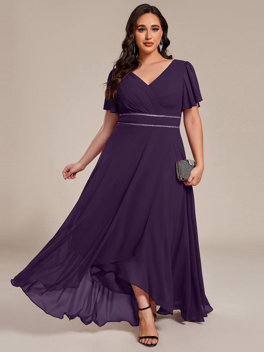 Robe D'invité De Mariage En Mousseline De Soie Mi-Longue Plissée à Manches à Volants Et Col En V #Couleur_Violet Fonce