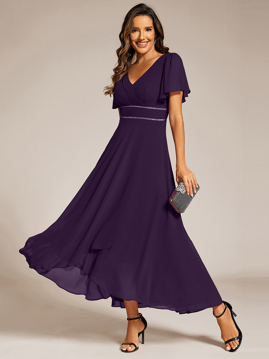 Robe D'invité De Mariage En Mousseline De Soie Mi-Longue Plissée à Manches à Volants Et Col En V #Couleur_Violet Fonce
