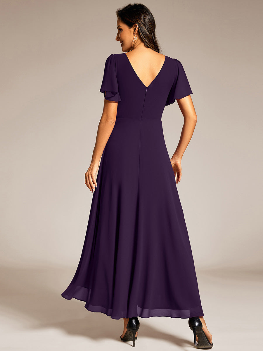 Robe D'invité De Mariage En Mousseline De Soie Mi-Longue Plissée à Manches à Volants Et Col En V #Couleur_Violet Fonce