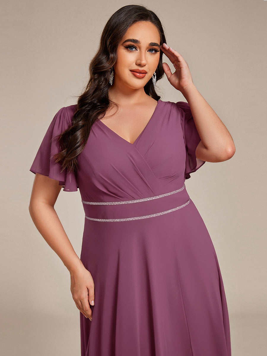 Robe de soirée formelle en mousseline de soie à double col en V et taille ajustée #Couleur_Prune Foncée