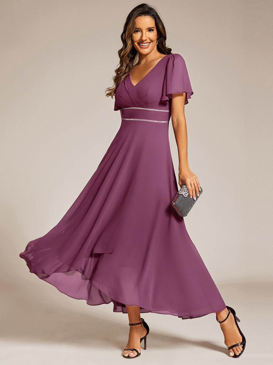 Robe de soirée formelle en mousseline de soie à double col en V et taille ajustée #Couleur_Prune Foncée