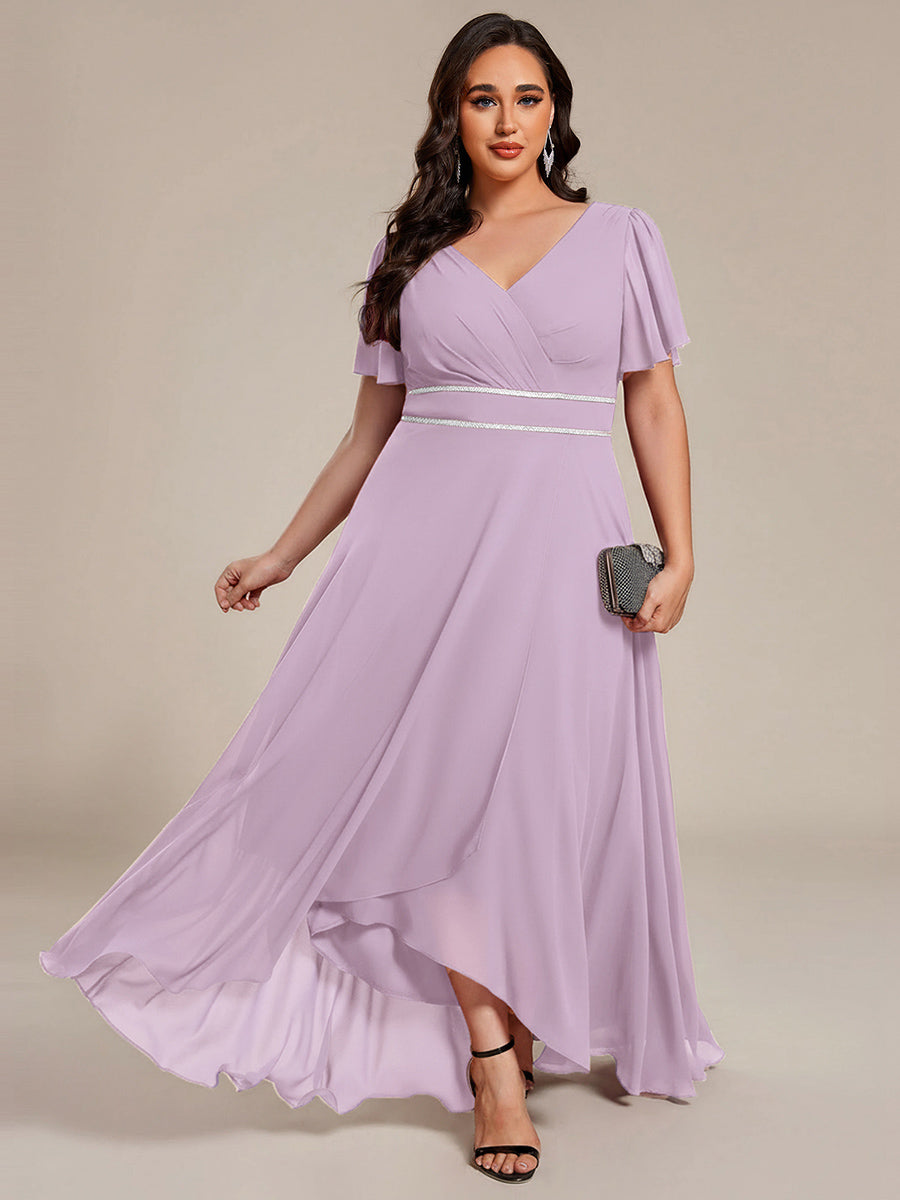 Robe D'invité De Mariage En Mousseline De Soie Mi-Longue Plissée à Manches à Volants Et Col En V #Couleur_Lilas Givré