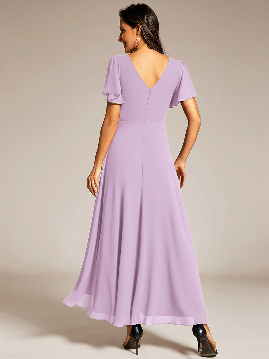 Robe D'invité De Mariage En Mousseline De Soie Mi-Longue Plissée à Manches à Volants Et Col En V #Couleur_Lilas Givré