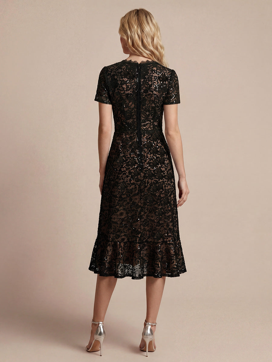 robe midi sirène à volants en sequins à manches courtes #Couleur_Noir