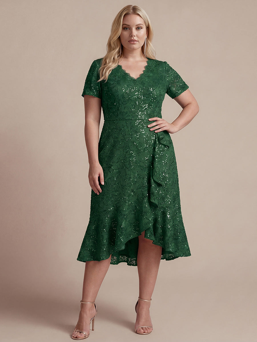 robe midi sirène à volants en sequins à manches courtes #Couleur_Vert Fonce