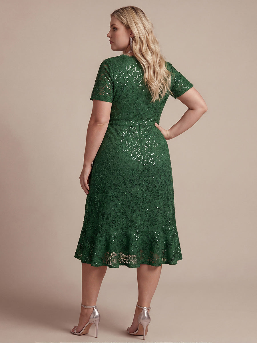 robe midi sirène à volants en sequins à manches courtes #Couleur_Vert Fonce