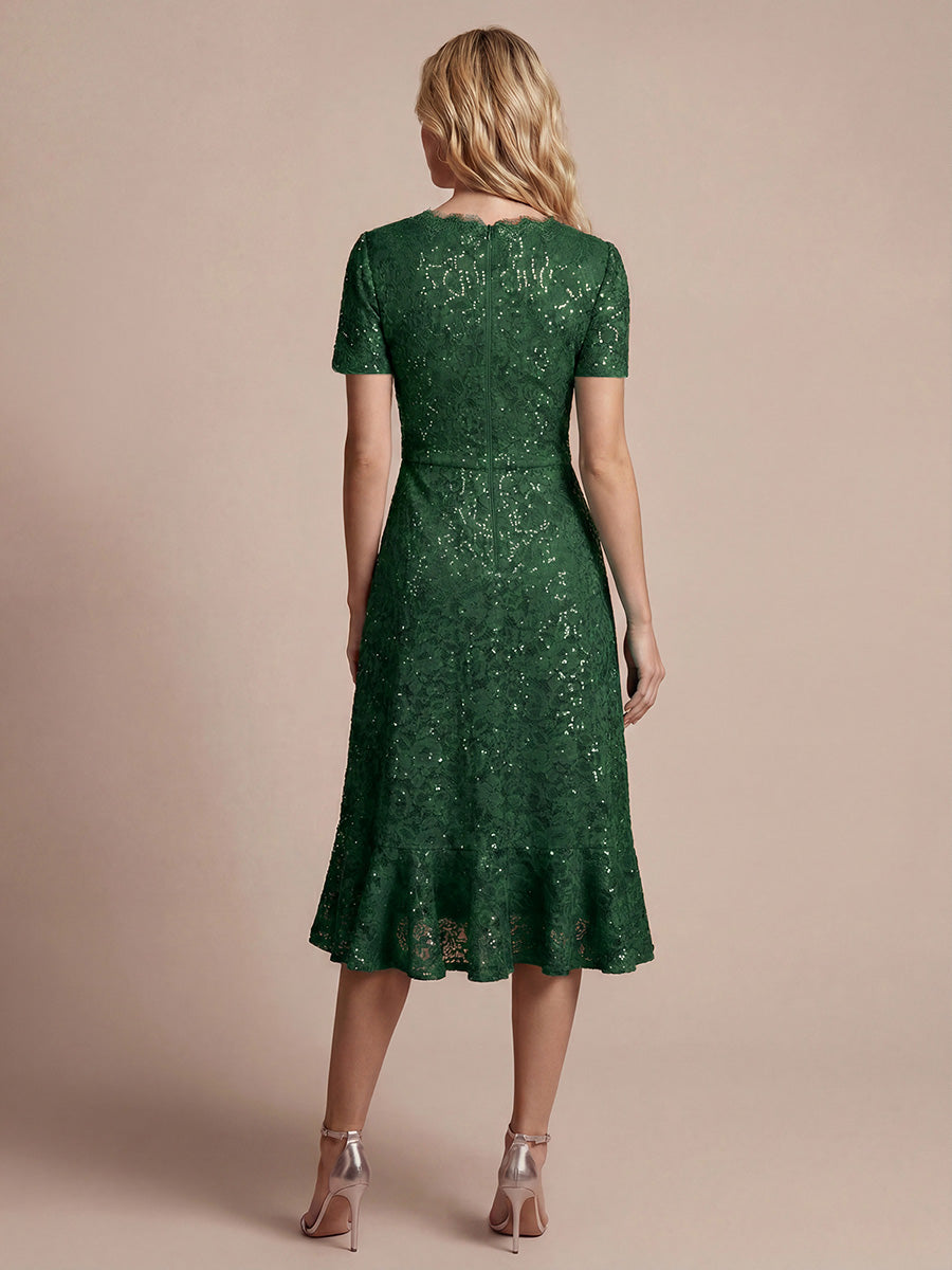 robe midi sirène à volants en sequins à manches courtes #Couleur_Vert Fonce