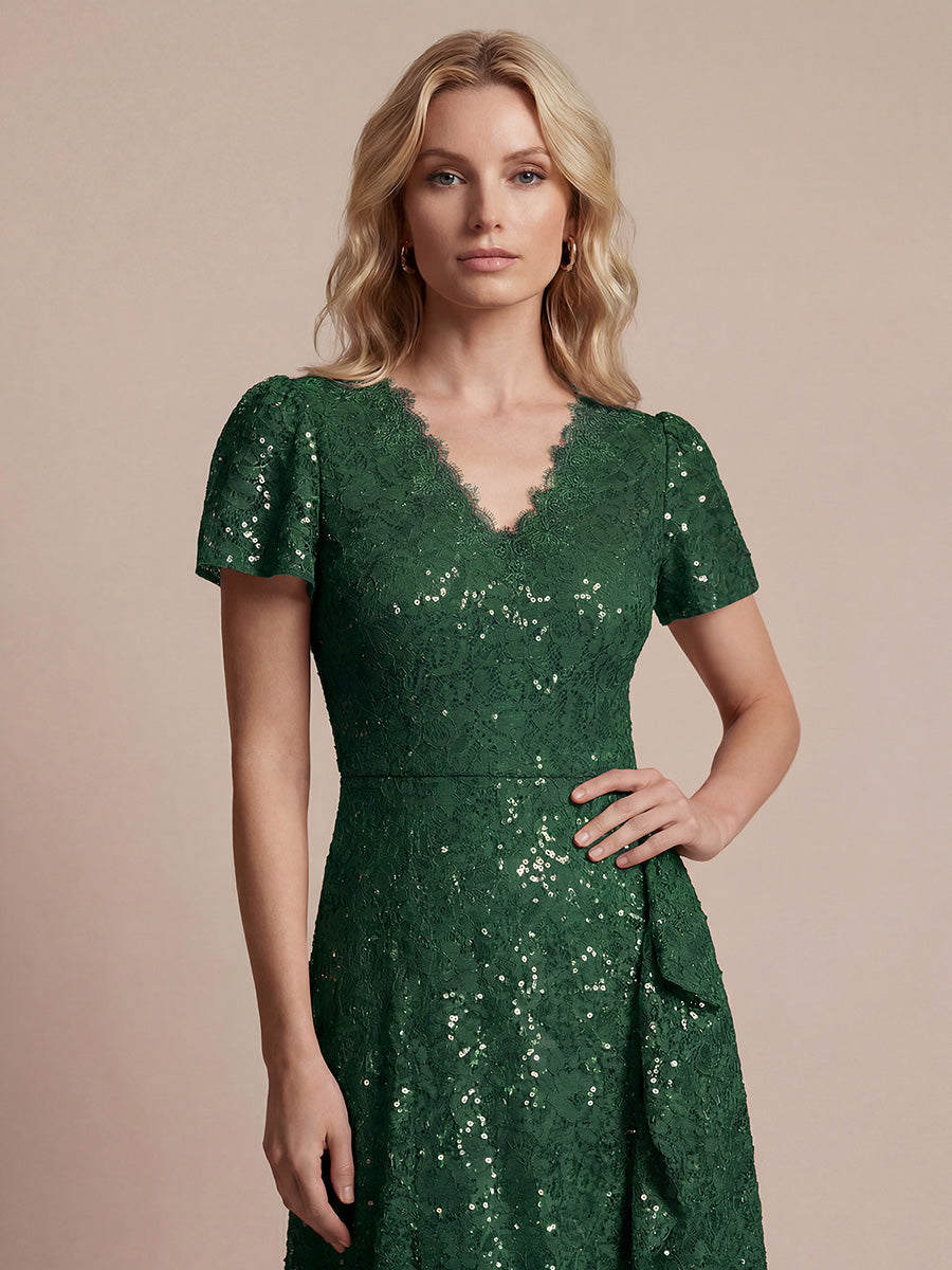 robe midi sirène à volants en sequins à manches courtes #Couleur_Vert Fonce