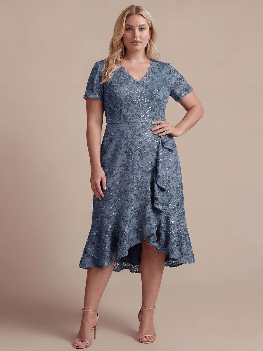 robe midi sirène à volants en sequins à manches courtes #Couleur_Marine Fume