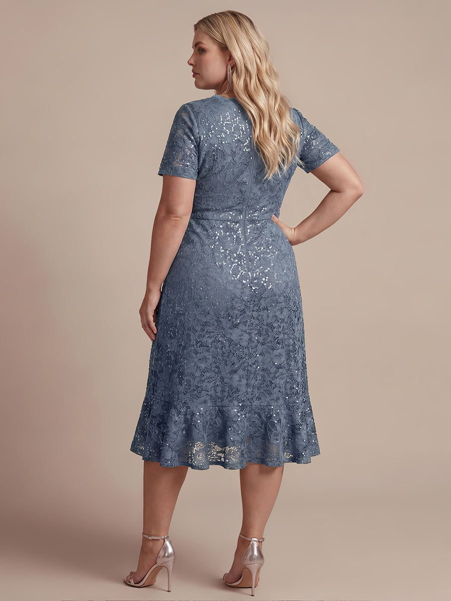 robe midi sirène à volants en sequins à manches courtes #Couleur_Marine Fume