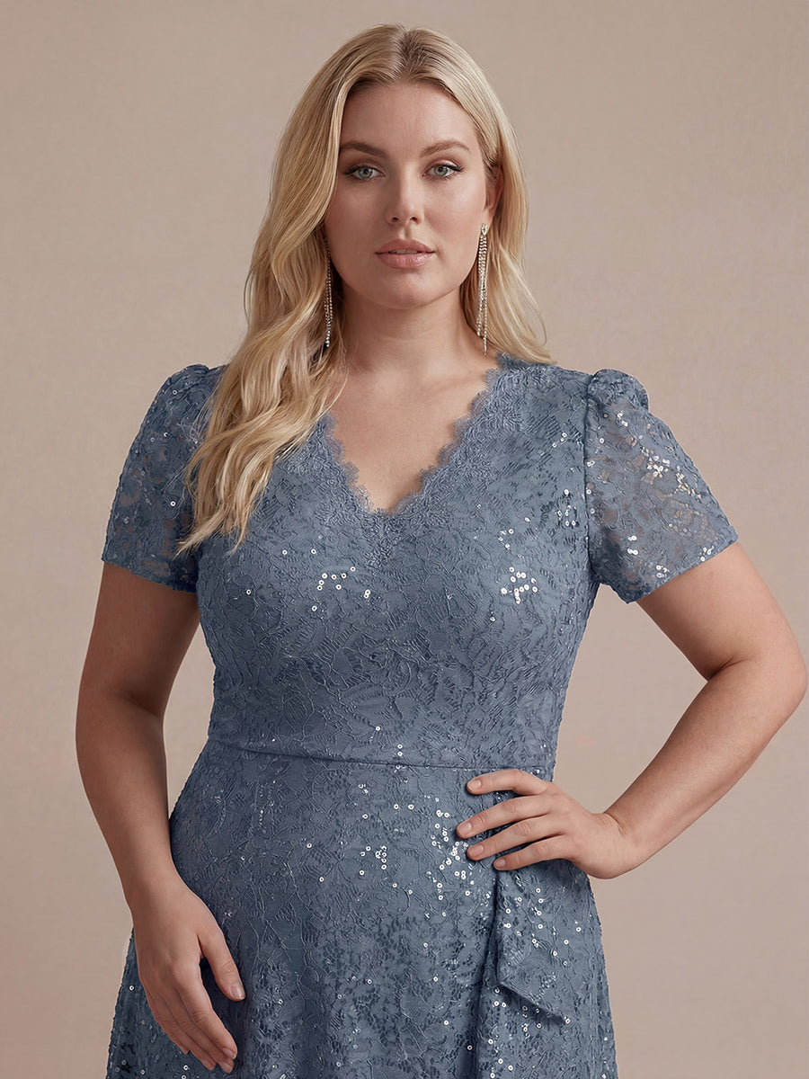 robe midi sirène à volants en sequins à manches courtes #Couleur_Marine Fume